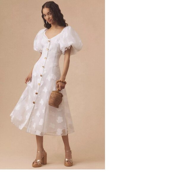 Anthropologie Dresses & Skirts - By Anthropologie Let Me Be Puff-Sleeve Sheer Midi Dress XXS NEW white